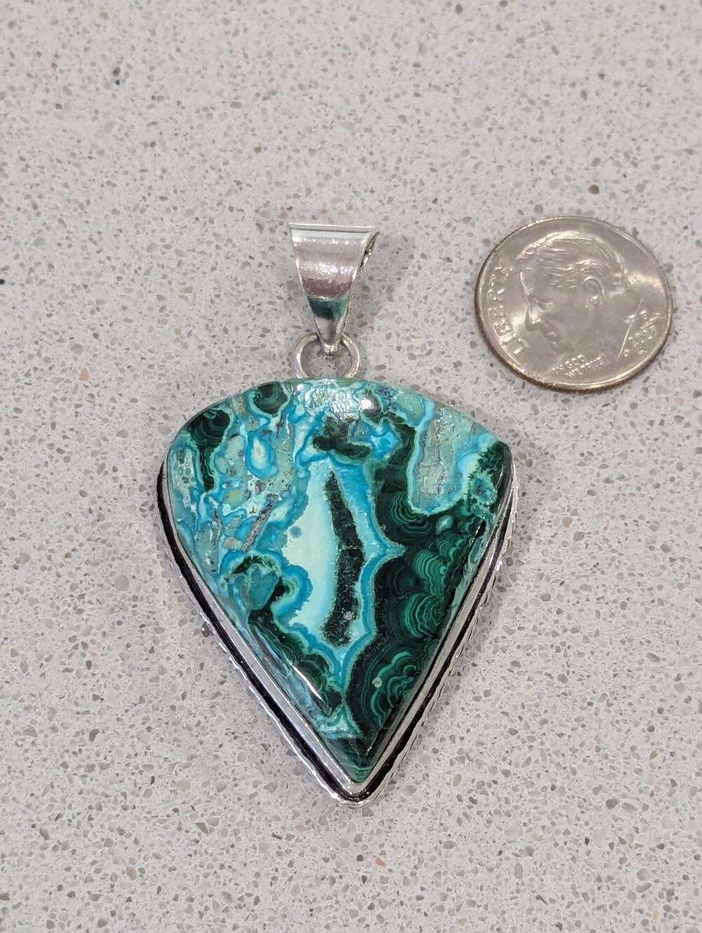 Sterling Silver Malachite Chrysocolla Teardrop Pendant - Blue-Green Large Chunky